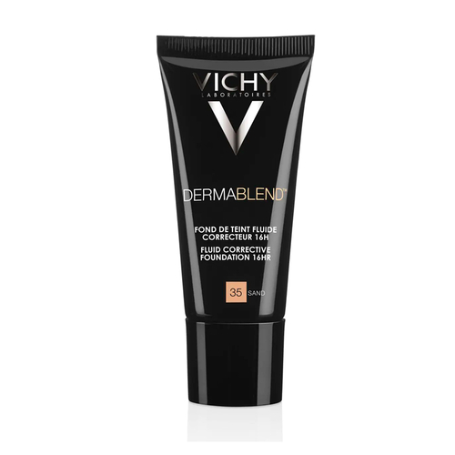 Flacone di fondotinta Vichy Dermablend Correttivo SPF35 Tonalità 35 Sand, con texture cremosa sulla pelle. - thumbnail 2